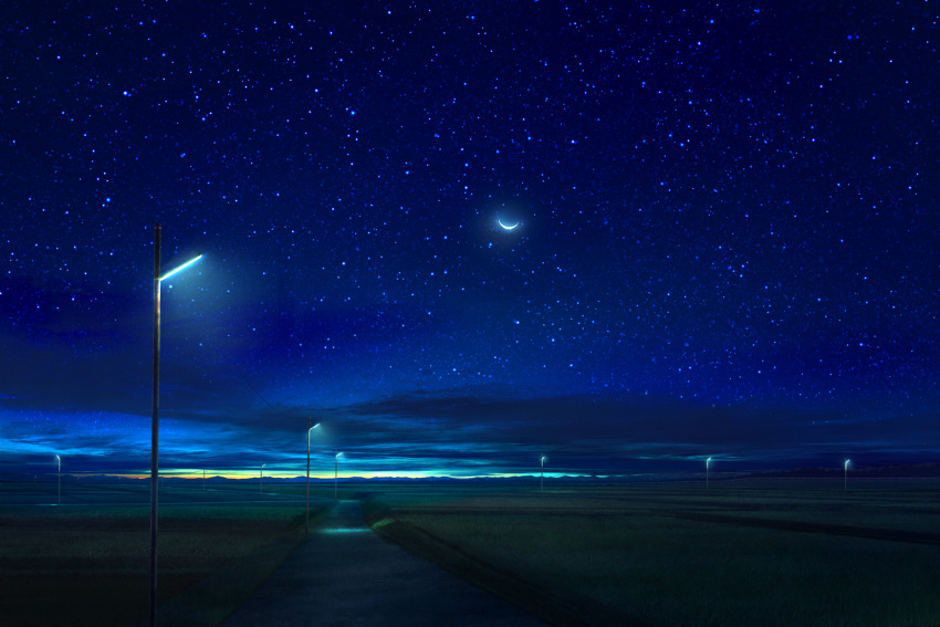 blue clouds commentary_request crescent_moon dark field grass lamppost light mks moon night night_sky no_humans original outdoors road scenery sky star_(sky) starry_sky