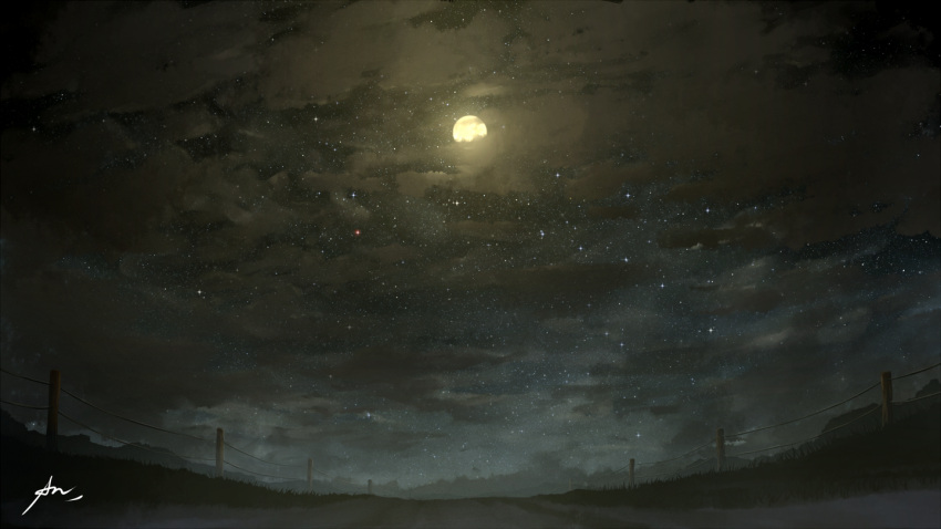 alu.m_(alpcmas) clouds cloudy_sky commentary_request fence grass moon night night_sky no_humans original outdoors path road scenery signature sky star_(sky) starry_sky