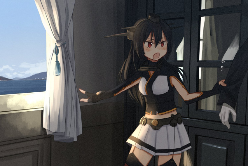 1girl 1other annin_musou black_gloves black_hair commentary_request curtains dragging elbow_gloves fingerless_gloves flying_sweatdrops gloves headgear kantai_collection long_hair miniskirt nagato_(kantai_collection) open_mouth pleated_skirt pointing red_eyes skirt solo_focus thigh-highs white_skirt window younger