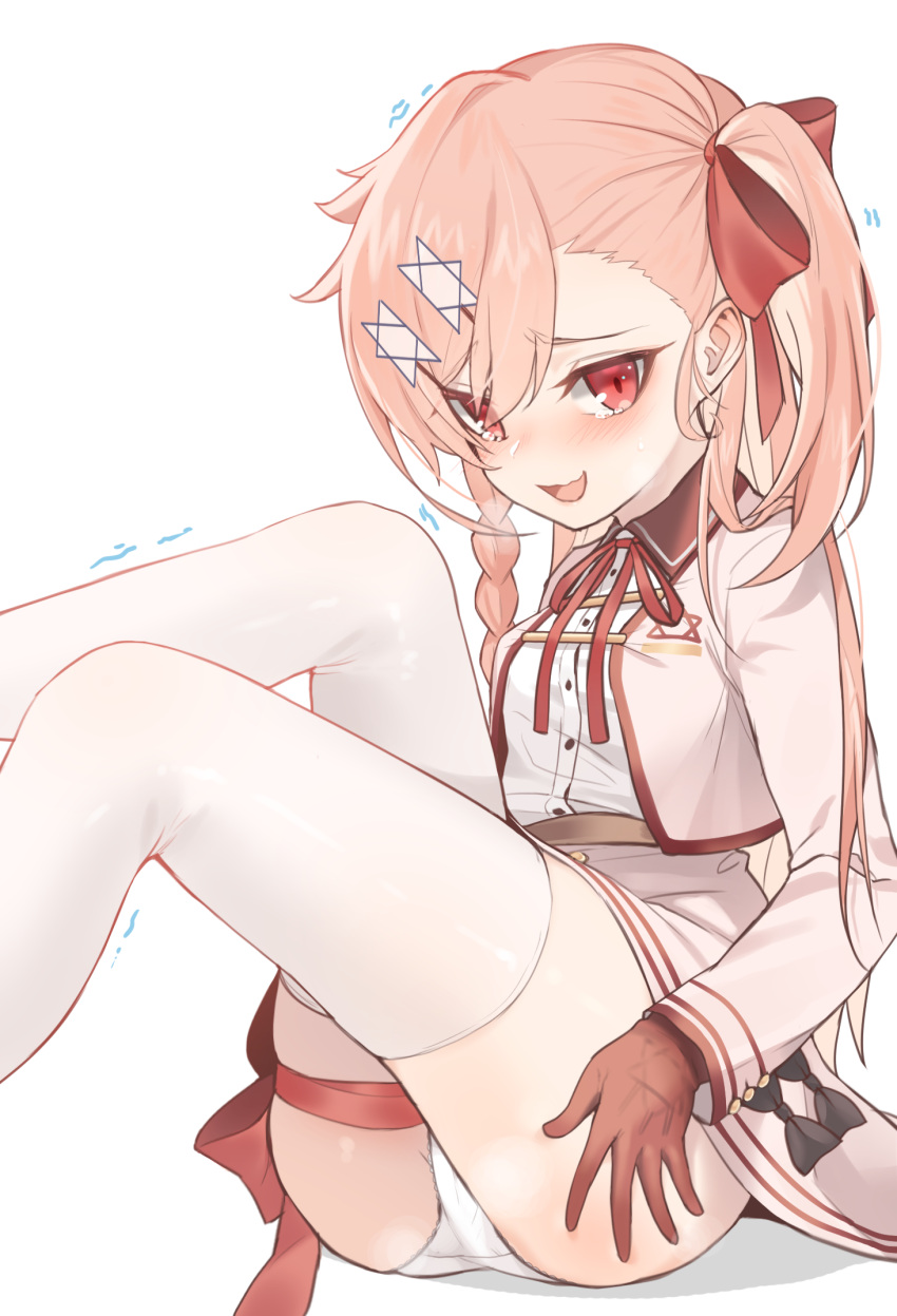 1girl bangs blush buttons collared_shirt commentary_request girls_frontline gloves hair_between_eyes hair_braid hair_ribbon hand_on_own_ass hexagram highres jingo korean_commentary leg_ribbon long_hair long_sleeves neck_ribbon negev_(girls_frontline) open_mouth panties pantyshot pantyshot_(sitting) pink_hair red_eyes red_gloves ribbon shirt side_ponytail simple_background sitting skindentation skirt smile solo star_of_david tearing_up thigh-highs thighs trembling underwear wavy_mouth white_background white_legwear zettai_ryouiki