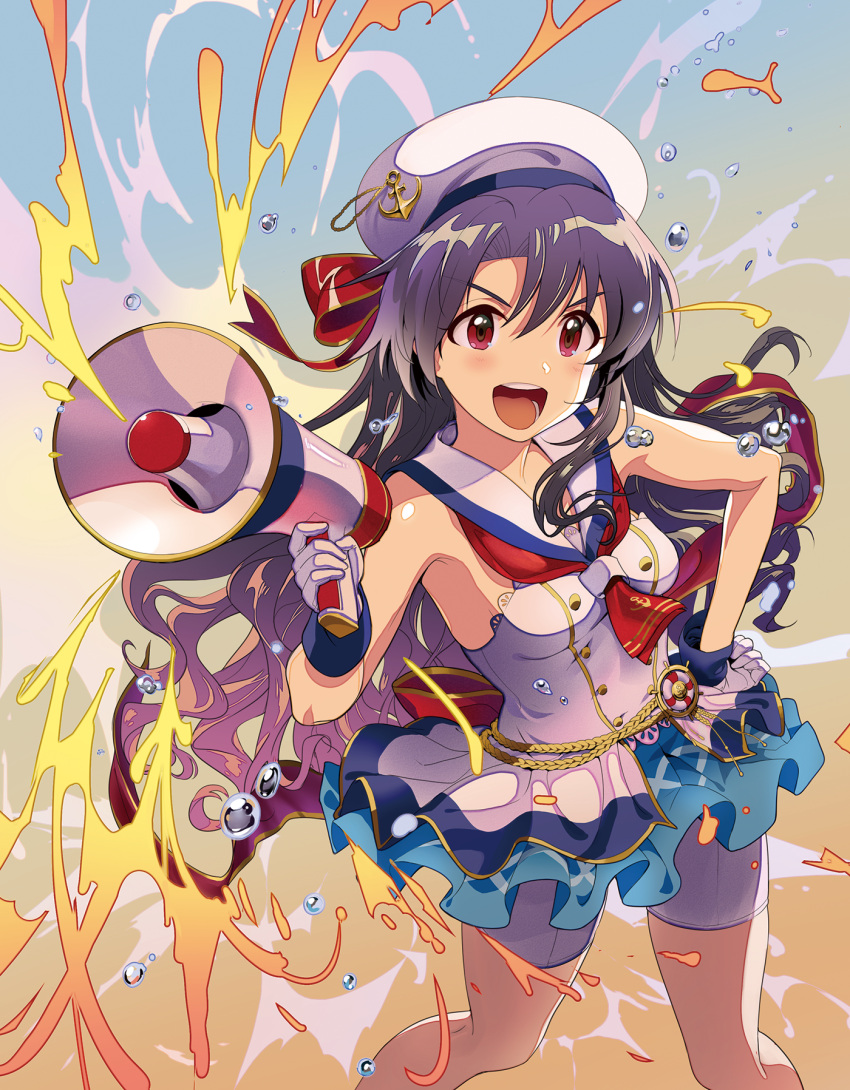 1girl :d aiguillette anchor_hat_ornament anchor_symbol andou_shuuki bangs bare_arms bike_shorts black_hair blue_background bow breasts commentary_request dress eyebrows_visible_through_hair feet_out_of_frame gloves gradient gradient_background gradient_hair hair_between_eyes hand_on_hip hand_up hat hat_bow highres holding_megaphone idolmaster idolmaster_million_live! idolmaster_million_live!_theater_days layered_dress lifebuoy light_blush long_hair looking_away medium_breasts megaphone multicolored_hair neckerchief no_eyewear open_mouth orange_background parted_bangs purple_hair red_bow red_eyes red_neckwear red_ribbon ribbon sailor_collar sailor_dress sailor_hat shiny shiny_hair short_dress shorts shorts_under_dress sleeveless sleeveless_dress smile solo standing takayama_sayoko teeth v-shaped_eyebrows very_long_hair water_drop wavy_hair white_dress white_gloves white_hat white_shorts
