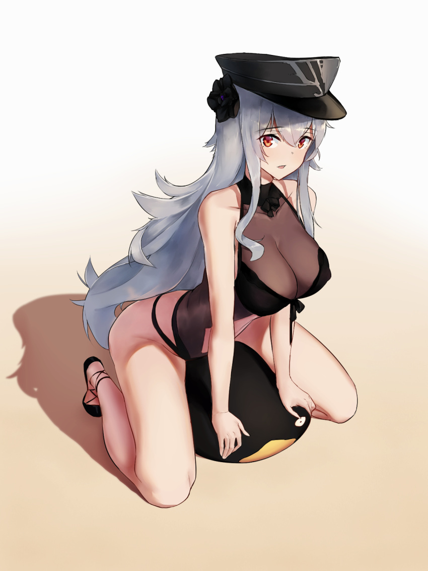 1girl azur_lane bangs bare_shoulders black_flower black_footwear black_hat black_ribbon black_rose black_swimsuit breasts casual_one-piece_swimsuit cleavage collarbone commentary_request eyebrows_visible_through_hair flower from_above gradient gradient_background graf_zeppelin_(azur_lane) groin hair_between_eyes hair_flower hair_ornament halterneck hat highres lace lace-trimmed_swimsuit large_breasts legs_apart long_hair looking_at_viewer navel navel_cutout one-piece_swimsuit open_mouth parted_lips peaked_cap red_eyes ribbon rose see-through shadow shoes sidelocks silver_hair sitting sitting_on_object solo stomach straight_hair swimsuit taut_clothes turtleneck very_long_hair yashemao_qishi