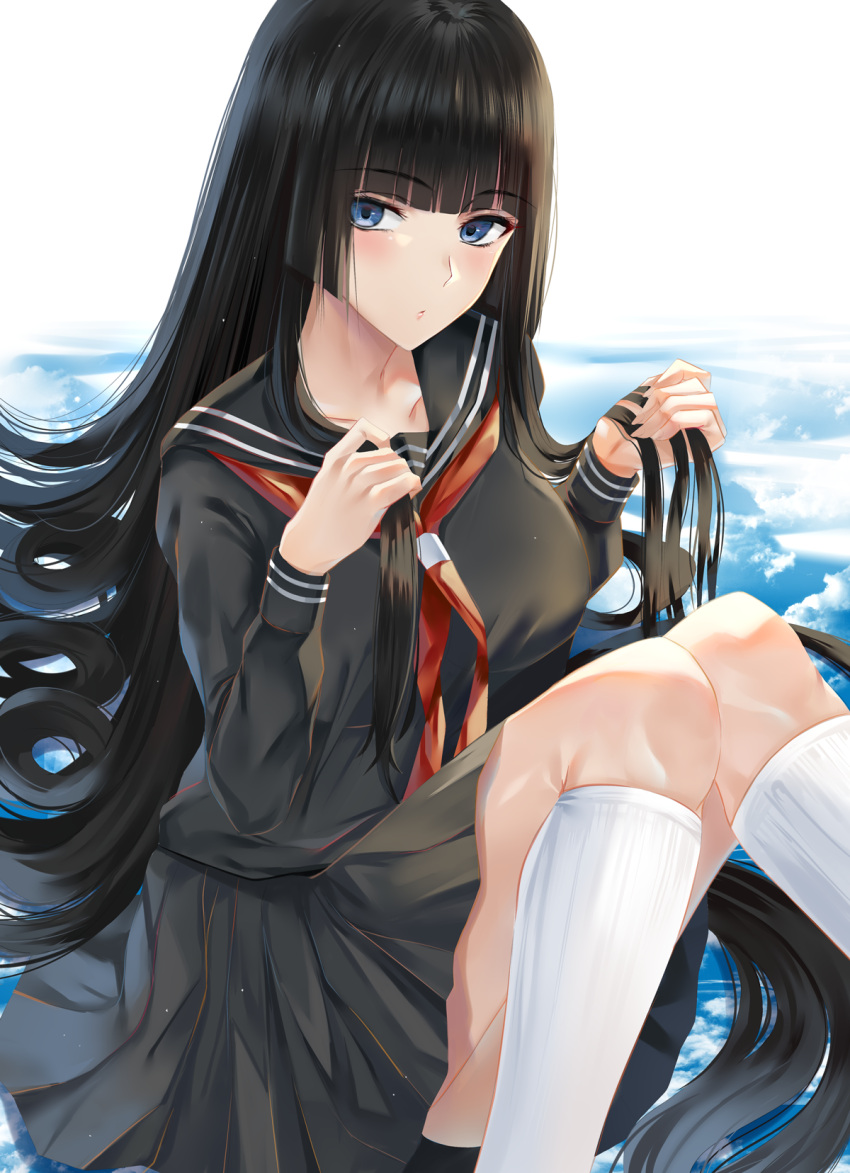 1girl bangs black_hair black_serafuku black_skirt blunt_bangs blush breasts collarbone eyebrows_visible_through_hair highres holding holding_hair kneehighs knees_together_feet_apart large_breasts long_hair looking_at_viewer neckerchief nikek96 original parted_lips pleated_skirt red_neckwear ribbon school_uniform serafuku sidelocks sitting skirt solo uniform very_long_hair