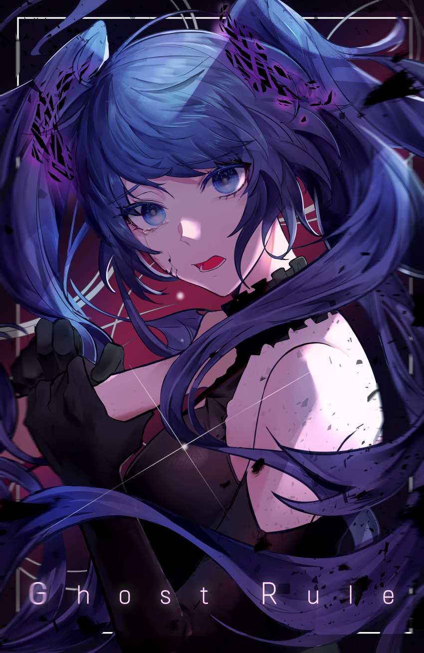 1girl absurdres bare_shoulders black_dress blue_eyes blue_hair cizzi crying crying_with_eyes_open detached_sleeves dress elbow_gloves floating_hair ghost_rule_(vocaloid) gloves hatsune_miku highres huge_filesize long_hair looking_at_viewer open_mouth solo tears twintails very_long_hair vocaloid