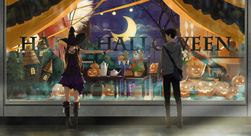 1boy 1girl bag black_dress black_footwear black_hair black_hat black_pants black_ribbon boots castle chair commentary crescent dress english_commentary from_behind grey_hoodie halloween happy_halloween hat hood hood_down jack-o'-lantern knee_boots long_hair original outdoors pants ribbon shoulder_bag somehira_katsu standing storefront stuffed_animal stuffed_toy table teapot teddy_bear tree twintails witch witch_hat wrist_ribbon