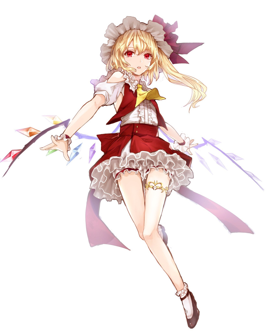 1girl ascot bangs bare_legs black_footwear blonde_hair bloomers center_frills chikawa_shibainu crystal flandre_scarlet frills full_body hair_between_eyes hat hat_ribbon highres long_hair looking_at_viewer miniskirt mob_cap open_mouth outstretched_arms petticoat puffy_short_sleeves puffy_sleeves red_eyes red_ribbon red_skirt red_vest ribbon shirt shoes short_sleeves side_ponytail simple_background skirt skirt_set socks solo thighlet touhou underwear vest white_background white_hat white_legwear white_shirt wings wrist_cuffs yellow_neckwear