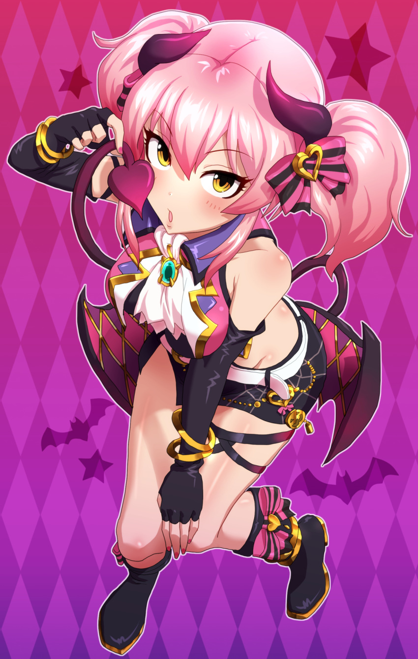 1girl argyle argyle_background bangs bare_shoulders bat belt black_footwear black_gloves black_skirt blush boots bow bracelet breasts brooch cravat demon_girl demon_horns demon_tail demon_wings elbow_gloves eyelashes fingerless_gloves full_body gloves gradient gradient_background hair_between_eyes hair_bow halloween_costume highres hips horns idolmaster idolmaster_cinderella_girls jewelry jougasaki_mika kezune_(i-_-i) legs long_hair looking_at_viewer medium_breasts miniskirt nail_polish open_mouth pink_hair pink_vest sidelocks skirt solo spider_web_print star tail thigh_strap thighs twintails vest waist wings yellow_eyes