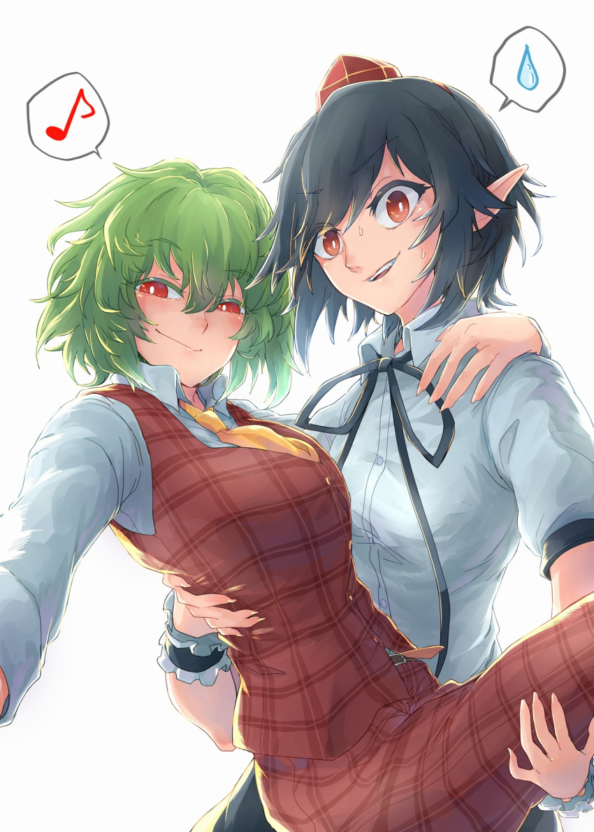2girls arm_around_back ascot bangs belt between_breasts black_hair black_neckwear breasts bright_background carrying closed_mouth collared_shirt eighth_note eyebrows female green_hair hair_between_eyes half-closed_eyes hand_on_another's_back hand_on_another's_shoulder hat highres kazami_yuuka long_sleeves looking_at_viewer medium_hair multiple_girls musical_note necktie necktie_between_breasts open_mouth orange_neckwear pants plaid plaid_pants plaid_vest pointy_ears princess_carry red_eyes red_pants red_vest retora shameimaru_aya shirt short_sleeves smile spoken_musical_note spoken_sweatdrop sweat sweatdrop tokin_hat touhou upper_body v-shaped_eyebrows vest white_pupils white_shirt wristband yuri