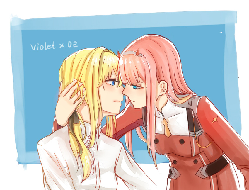 2girls belt blonde_hair blue_eyes buttons character_name closed_mouth crossover darling_in_the_franxx hair_intakes hair_ornament hairband hand_behind_head horns imminent_kiss leaning_forward long_hair looking_at_another military military_uniform multiple_girls necktie orange_neckwear parted_lips pink_hair red_horns red_shirt season_connection shirt sidelocks slms uniform violet_evergarden violet_evergarden_(character) white_shirt yuri zero_two_(darling_in_the_franxx)
