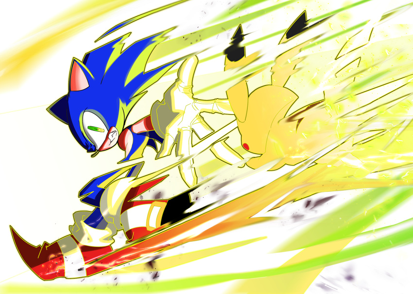 blush_stickers creatures_(company) crossover disintegration game_freak gen_1_pokemon gloves green_eyes highres light looking_at_another nintendo no_humans outstretched_arm pikachu pokemon pokemon_(game) reaching_out running simple_background sonic sonic_the_hedgehog super_smash_bros. super_smash_bros._ultimate tteum93 white_background