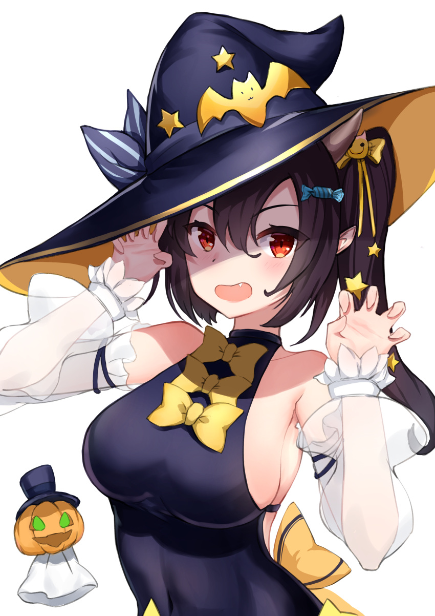 1girl :d absurdres armpits arms_up azur_lane bare_shoulders black_hair black_hat blush bow breasts claw_pose commentary_request covered_navel detached_sleeves eyebrows_visible_through_hair fang food_themed_hair_ornament frilled_sleeves frills ghost hair_ornament hair_ribbon halloween_costume hat hat_ribbon highres horns irato_at isuzu_(azur_lane) jack-o'-lantern large_breasts long_hair long_sleeves looking_at_viewer open_mouth pumpkin red_eyes ribbon see-through side_ponytail sideboob simple_background smile solo star star_hair_ornament upper_body white_background white_sleeves witch_hat yellow_bow yellow_ribbon