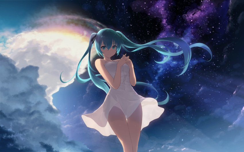 1girl absurdres aqua_eyes aqua_hair bangs bare_arms bare_shoulders black_ribbon cait closed_mouth clouds cloudy_sky collarbone covered_navel cowboy_shot dress eyebrows_visible_through_hair floating_hair frills hair_between_eyes hair_ornament hair_ribbon hands_together hands_up hatsune_miku highres huge_filesize legs_together long_hair looking_at_viewer moon night night_sky outdoors own_hands_together paid_reward patreon_reward ribbon see-through_silhouette short_dress sky sleeveless sleeveless_dress smile solo space standing star_(sky) starry_sky thigh_gap twintails very_long_hair vocaloid white_dress wind