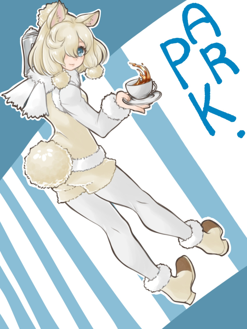 1girl alpaca_ears alpaca_suri_(kemono_friends) alpaca_tail animal_ears blonde_hair blue_eyes closed_mouth cup drink from_behind full_body fur-trimmed_footwear fur-trimmed_sleeves fur_scarf fur_trim hair_over_one_eye highres holding holding_cup horizontal_pupils kemono_friends long_sleeves looking_at_viewer looking_back medium_hair notora pantyhose pantyhose_under_shorts scarf shirt shoes shorts smile solo tail vest white_legwear white_shirt