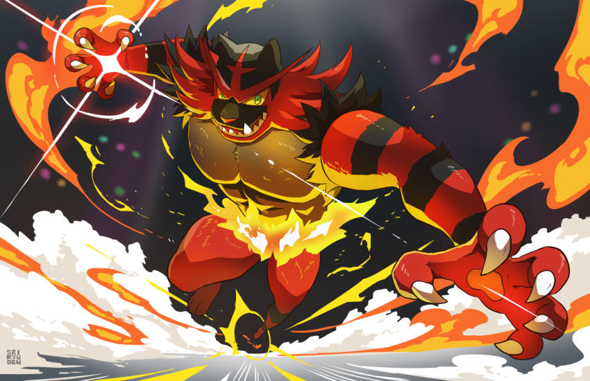 attacking black_hair claws creatures_(company) fire game_freak gen_7_pokemon incineroar looking_at_viewer nintendo no_humans open_mouth pokemon pokemon_(creature) pokemon_(game) pokemon_sm sei_(seiryuuden) sharp_teeth simple_background smile solo striped super_smash_bros. super_smash_bros._ultimate tail teeth yellow_sclera