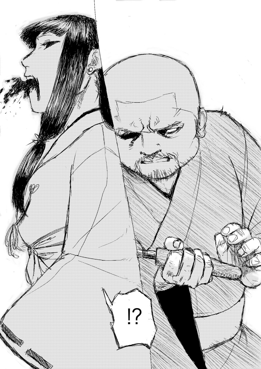 !? black_hair bob_cut comic greyscale highres japanese_clothes kimono kishida_shiki knife monochrome original speech_bubble spoken_interrobang stabbed stabbing