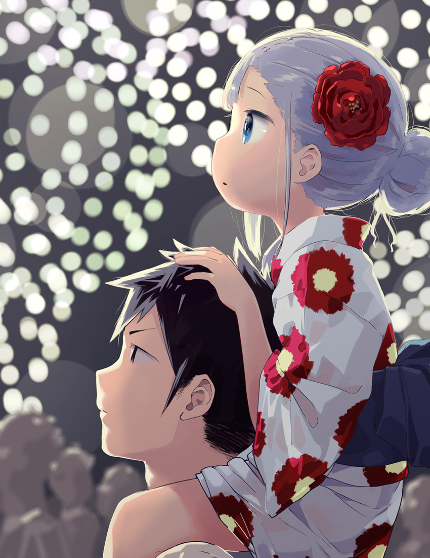 1boy 1girl aerial_fireworks aharen-san_wa_hakarenai aharen_reina backlighting black_eyes black_hair blue_eyes carrying closed_eyes commentary_request fireworks floral_print flower from_side hair_bun hair_flower hair_ornament hair_up hand_on_another's_head highres japanese_clothes kimono lavender_hair looking_away looking_up matsuboshi_raidou mizu_asato night night_sky obi official_art parted_lips petite profile red_flower sash shoulder_carry sky yukata