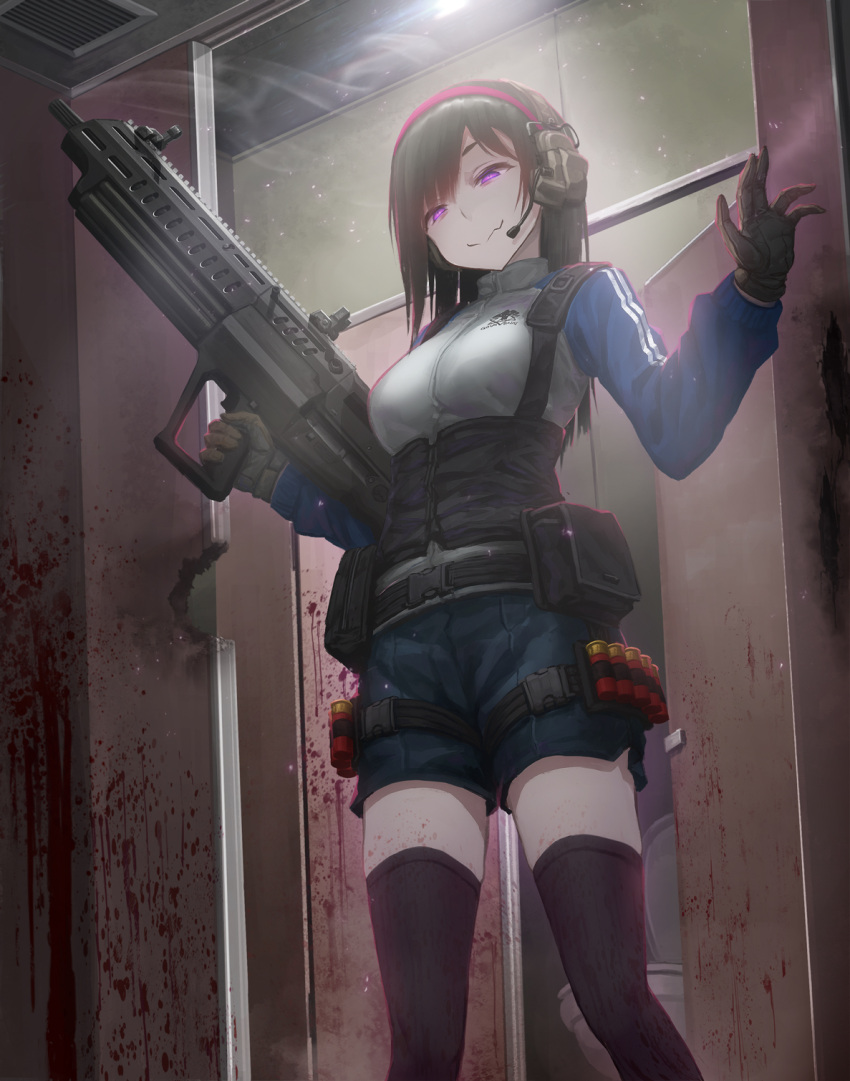 1girl ammunition_belt bangs belt belt_pouch black_hair black_legwear blood blue_shorts blue_sleeves breasts brown_gloves closed_mouth clothes_writing commentary_request double_vertical_stripe feet_out_of_frame from_below gloves gun hairband half-closed_eyes head_tilt headset highres holding holding_gun holding_weapon jacket long_hair long_sleeves looking_down medium_breasts original pink_hairband pouch raglan_sleeves shorts shotgun_shells smile smoke solo standing thigh-highs toilet tom-neko_(zamudo_akiyuki) track_jacket violet_eyes wavy_mouth weapon weapon_request white_jacket