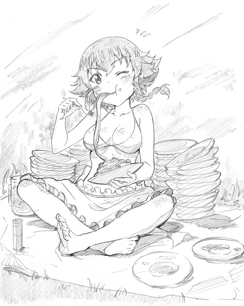 1girl :t apron bangs barefoot bikini braid breasts cleavage closed_mouth collarbone commentary cup eating eyebrows_visible_through_hair food full_body girls_und_panzer head_tilt highres holding holding_food holding_plate looking_at_viewer medium_breasts mug notice_lines one_eye_closed pasta pepperoni_(girls_und_panzer) picnic pink_x plate short_hair side_braid sitting solo swimsuit waist_apron
