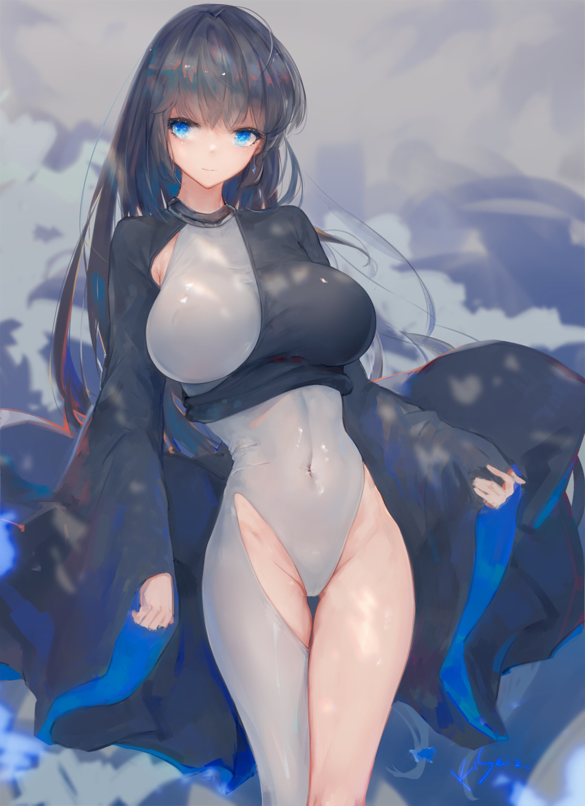 1girl ahoge arm_at_side artist_name asymmetrical_clothes bangs black_hair blue_eyes blurry blurry_background bodystocking breasts commentary_request covered_navel cowboy_shot grey_background groin highleg highres jewelry kisei2 large_breasts light_smile long_hair long_sleeves looking_at_viewer original signature single_earring sleeves_past_wrists solo thigh_gap very_long_hair wide_sleeves