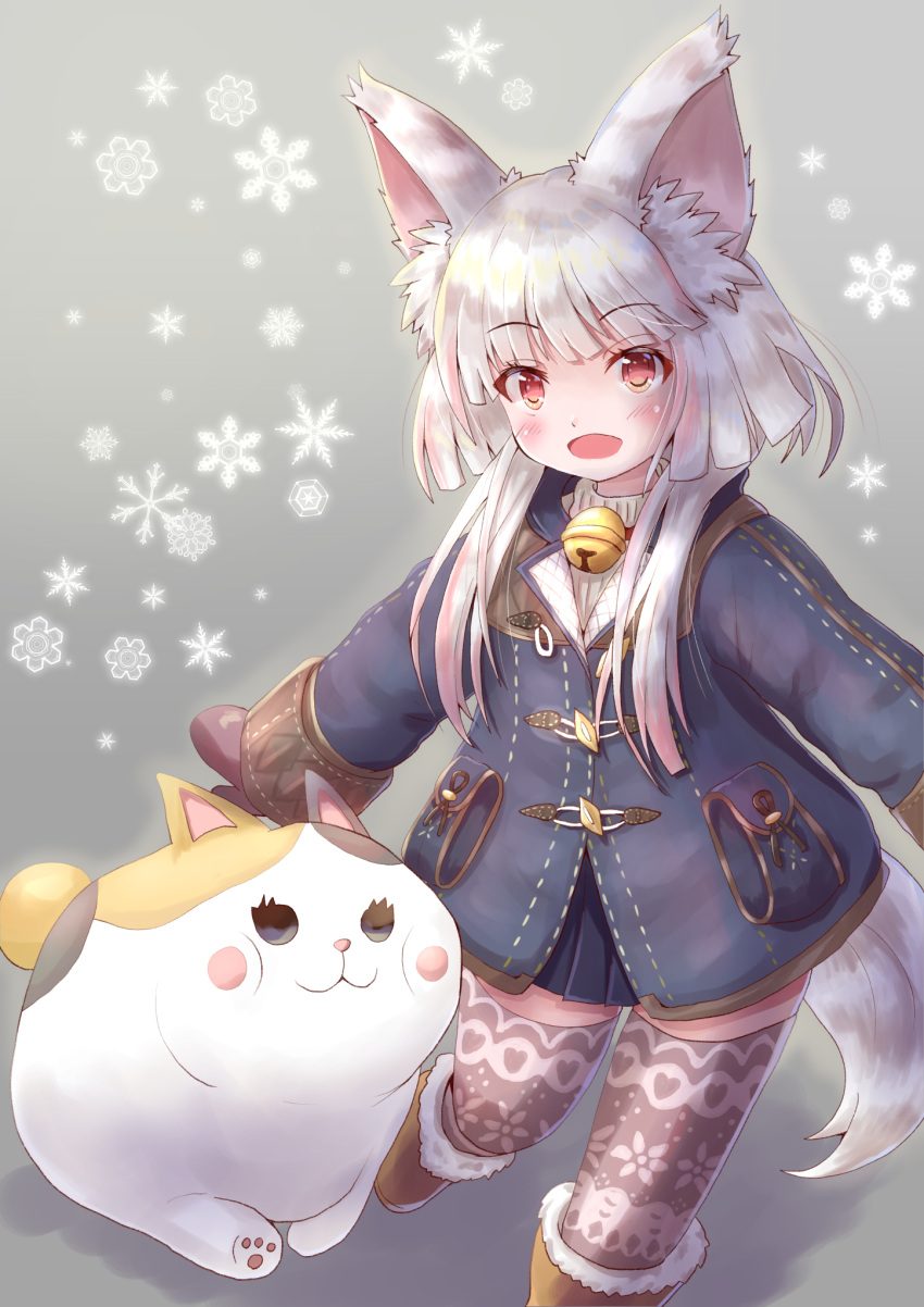 1girl :d animal_ear_fluff animal_ears beige_legwear bell blunt_ends blush_stickers boots brown_footwear calico cat coat cocoasabure commentary_request duffel_coat final_fantasy final_fantasy_xiv fur-trimmed_boots fur_boots fur_trim happy highres jacket jingle_bell lalafell long_sleeves mittens open_mouth orange_eyes outstretched_arms pleated_skirt ribbed_sweater short_hair_with_long_locks silver_hair skirt sleeve_cuffs smile snowflake_background snowflakes solid_circle_eyes sweater tail thigh-highs turtleneck turtleneck_sweater white_sweater winter_clothes winter_coat zettai_ryouiki