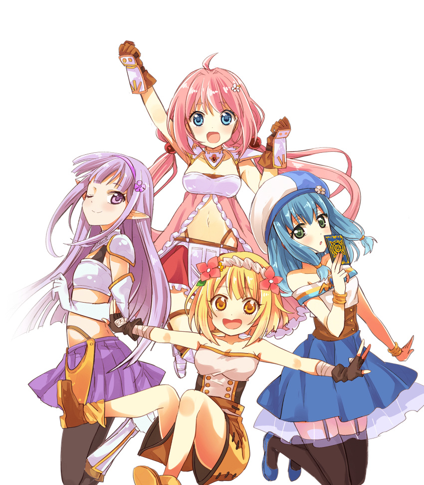 4girls :d :o ahoge airborne bare_shoulders black_gloves black_legwear black_tubetop blonde_hair blue_eyes blue_footwear blue_hair blue_hat blue_skirt blush body_blush boots bracelet breasts brown_bracelet brown_footwear brown_gloves card cleavage clenched_hands collarbone dress elbow_gloves elf endro! eyebrows_visible_through_hair eyes_visible_through_hair fingerless_gloves flat_chest flower foot_up frilled_dress frilled_skirt frills garter_straps gloves green_eyes grey_tubetop hair_between_eyes hair_bobbles hair_flower hair_ornament hairband hand_up hat highres holding holding_card izumi_minami jewelry lavender_eyes lavender_hair layered_skirt legs_up long_hair looking_at_viewer low_twintails medium_breasts midriff miniskirt multiple_girls navel official_art one_eye_closed open_mouth outstretched_arms pink_dress pink_flower pink_hair pleated_skirt pointy_ears purple_flower purple_hairband purple_skirt red_flower red_skirt see-through shiny shiny_hair short_hair shorts shoulder_pads sitting skirt smile spiked_gloves spread_arms strapless thigh-highs tongue transparent_background tubetop twintails white_footwear white_frills white_gloves white_hairband white_hat white_tubetop yellow_eyes yellow_flower yellow_shorts zettai_ryouiki