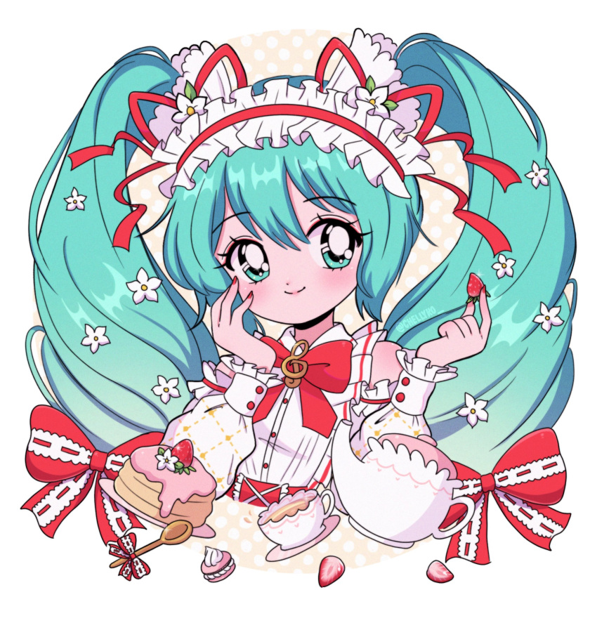 1990s_(style) 1girl absurdres blue_eyes blue_hair blush bow bowtie cake chelly_(chellyko) cup detached_sleeves dress drink flower food fruit hair_flower hair_ornament hatsune_miku highres holding long_hair long_sleeves looking_at_viewer macaron maid_headdress plate red_bow red_bowtie red_nails retro_artstyle sleeveless sleeveless_dress smile solo sparkle spoon standing strawberry strawberry_miku_(morikura) tea teacup teapot treble_clef twintails upper_body vocaloid white_background white_dress