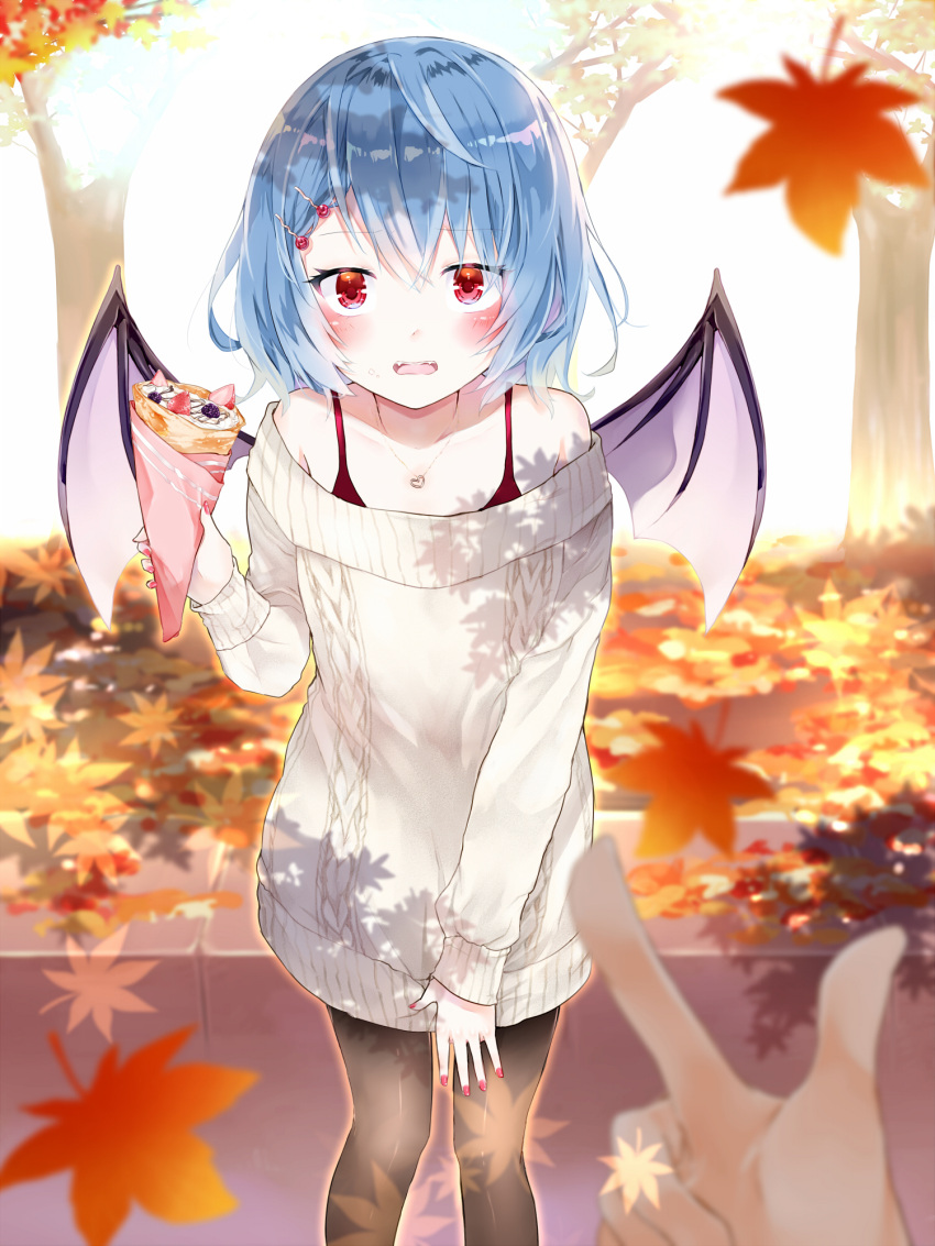 1girl autumn_leaves black_legwear blue_hair blush collarbone crepe day demon_wings dress eyebrows_visible_through_hair food hair_between_eyes hair_ornament hairclip highres holding holding_food index_finger_raised jewelry leaf looking_at_viewer maple_leaf nail_polish necklace off-shoulder_dress off_shoulder open_mouth outdoors pantyhose red_eyes red_nails remilia_scarlet shiny shiny_hair short_hair standing sweater sweater_dress touhou white_sweater wings yurara_(aroma42enola)