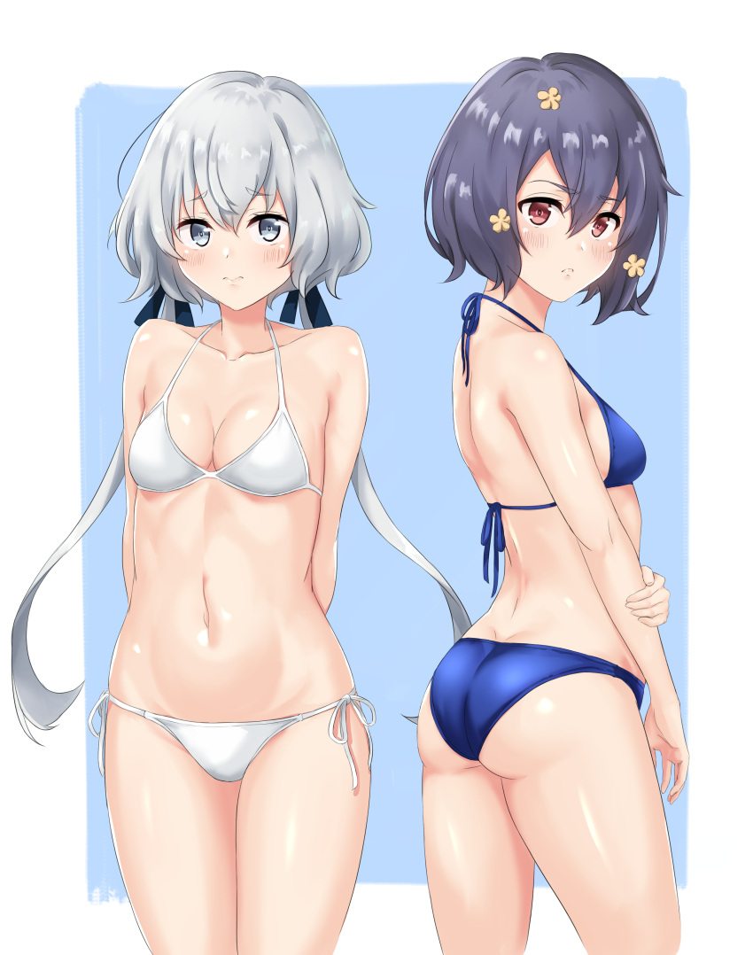 2girls 3: absurdres arms_behind_back ass back bangs bare_shoulders bikini blue_background blue_hair blue_ribbon blush breasts cleavage closed_mouth collarbone cowboy_shot dimples_of_venus eyebrows_visible_through_hair flower frown grey_eyes grey_hair hair_flower hair_ornament hair_ribbon halterneck hand_on_own_arm highres konno_junko long_hair looking_at_viewer low_twintails meri-san mizuno_ai multiple_girls navel outside_border ribbon short_hair side-tie_bikini simple_background small_breasts stomach string_bikini swimsuit twintails very_long_hair violet_eyes white_bikini white_ribbon zombie_land_saga