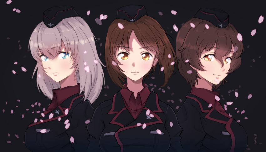 akaboshi_koume alternate_eye_color bangs black_background black_hat black_jacket blue_eyes brown_eyes brown_hair cherry_blossoms closed_mouth commentary dress_shirt expressionless eyebrows_visible_through_hair garrison_cap girls_und_panzer hair_between_eyes hat itsumi_erika jacket kuromorimine_military_uniform long_hair long_sleeves looking_at_viewer military military_hat military_uniform mityubi nishizumi_miho portrait red_shirt shirt short_hair side-by-side silver_hair standing uniform wavy_hair wing_collar