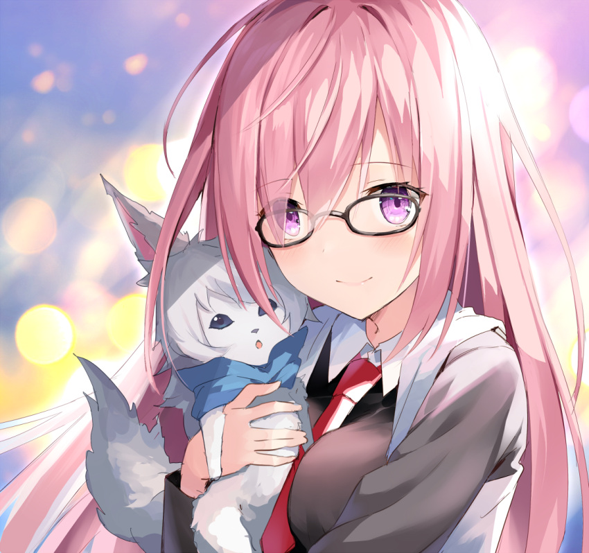 1girl alternate_hair_length alternate_hairstyle bangs black-framed_eyewear black_dress bow bowtie breasts collared_dress creature dress eyebrows_visible_through_hair eyes_visible_through_hair fate/grand_order fate_(series) fou_(fate/grand_order) glasses grey_jacket hair_over_one_eye hood hood_down hooded_jacket hug jacket lavender_hair light_smile long_hair long_sleeves looking_at_viewer mash_kyrielight necktie open_clothes open_jacket red_neckwear rin_yuu shiny sideways_glance smile solo uniform upper_body violet_eyes