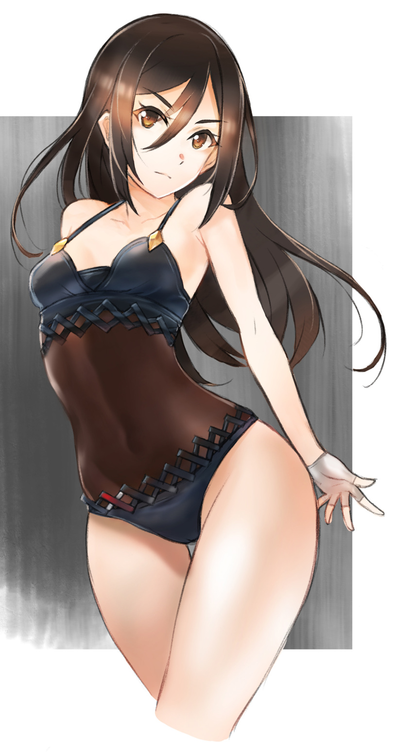1girl absurdres black_hair blush cawang collarbone competition_swimsuit highres looking_at_viewer meleph_(xenoblade) nintendo one-piece_swimsuit solo swimsuit white_background xenoblade_(series) xenoblade_2 yellow_eyes