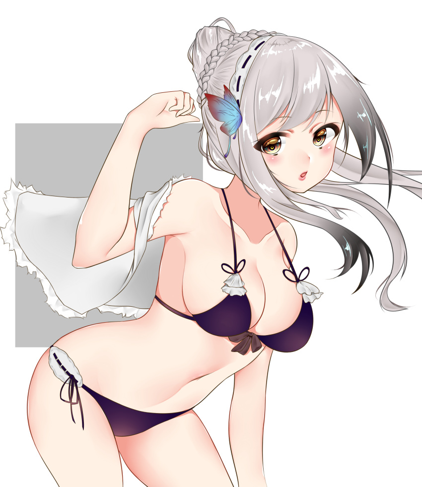 1girl absurdres ayuko_(mochiayuko) azur_lane bare_shoulders bikini blush braid breasts brown_eyes butterfly_hair_ornament dunkerque_(azur_lane) hair_ornament hand_up highres large_breasts leaning_forward long_hair looking_at_viewer navel open_mouth side-tie_bikini silver_hair simple_background solo standing swimsuit