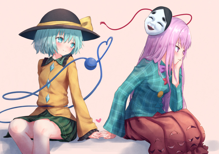 2girls bangs black_hat blue_shirt blush bow bowtie breasts brown_skirt chin_rest circle commentary_request eyebrows_visible_through_hair face_cutout feet_out_of_frame frilled_shirt_collar frills green_eyes green_hair green_skirt hair_between_eyes hand_holding hand_up hat hat_bow hata_no_kokoro head_tilt heart heart_of_string interlocked_fingers komeiji_koishi large_breasts long_hair long_sleeves looking_at_viewer mask mask_on_head miniskirt multiple_girls pink_background pink_eyes pink_hair plaid plaid_shirt pleated_skirt purple_bow purple_neckwear roke_(taikodon) shadow shirt short_hair simple_background sitting skirt small_breasts star tassel third_eye touhou triangle wide_sleeves yellow_bow yellow_shirt yuri