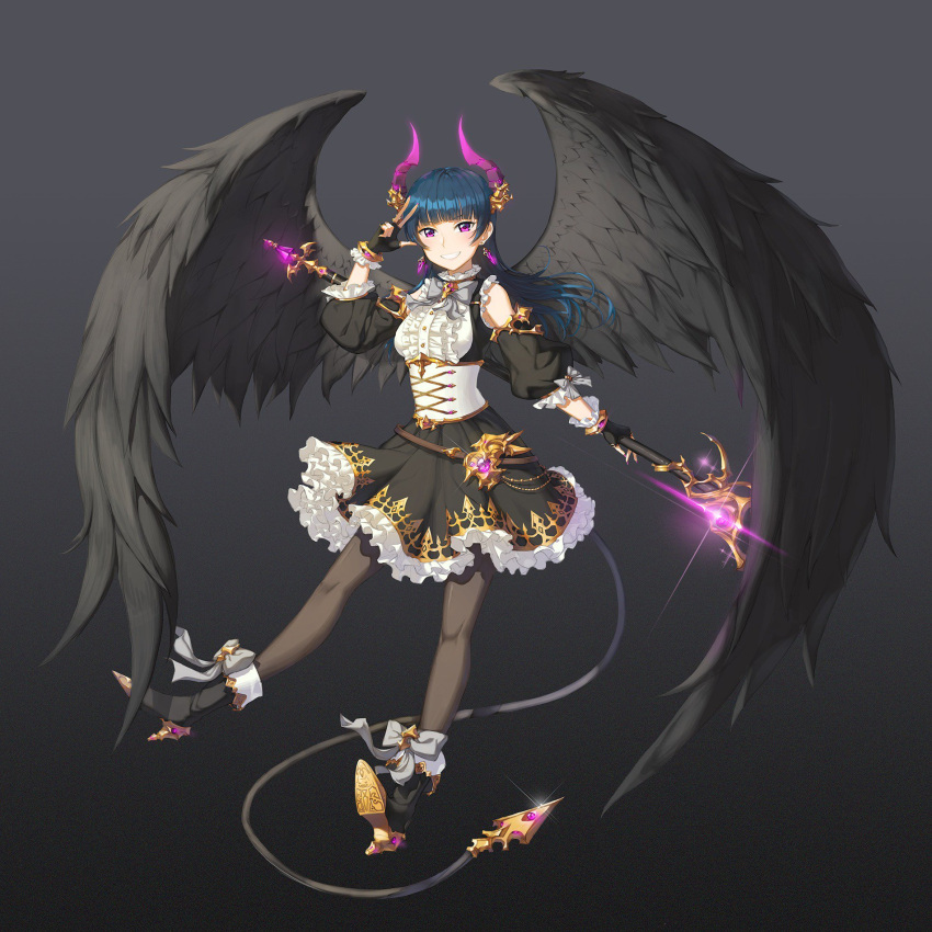 1girl :d bangs black_background black_footwear black_gloves black_legwear black_skirt black_sleeves black_wings blue_hair blunt_bangs corset corsetman detached_sleeves dress_shirt feathered_wings fingerless_gloves floating_hair gloves gradient gradient_background grin high_heels highres holding holding_staff horns layered_skirt long_hair looking_at_viewer love_live! love_live!_sunshine!! miniskirt open_mouth pantyhose shiny shiny_hair shirt skirt sleeveless sleeveless_shirt smile solo sparkle staff tail tsushima_yoshiko violet_eyes white_shirt wings