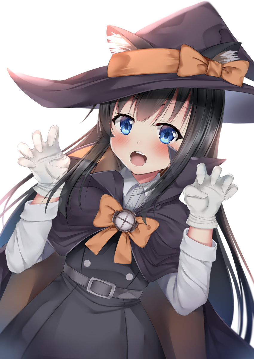 1girl animal_ear_fluff animal_ears asashio_(kantai_collection) bangs black_dress black_hair black_hat blue_eyes blush bow brown_cape cat_ears claw_pose collared_shirt dress dress_shirt dutch_angle ears_through_headwear eyebrows_visible_through_hair fake_animal_ears fang gloves hair_between_eyes halloween halloween_costume hands_up hat hat_bow highres kantai_collection long_hair long_sleeves looking_at_viewer open_mouth orange_bow pinafore_dress puririn remodel_(kantai_collection) school_uniform shirt simple_background solo very_long_hair white_background white_gloves white_shirt witch witch_hat