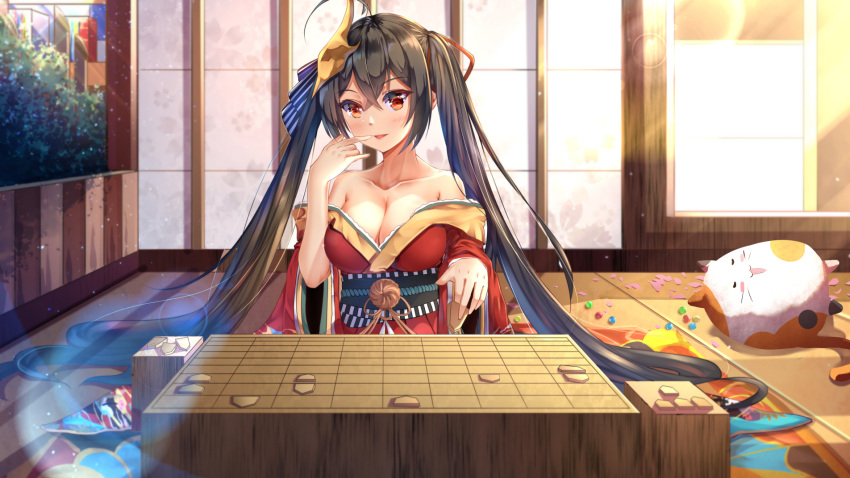 1girl ahoge animal azur_lane bangs bare_shoulders black_bow blush board_game bow brown_eyes brown_hair cat chahei commentary eyebrows_visible_through_hair hair_between_eyes hair_bow hair_ribbon hand_up head_tilt highres indoors japanese_clothes kimono long_hair long_sleeves mask mask_on_head off_shoulder parted_lips red_kimono red_ribbon ribbon shougi solo striped striped_bow symbol_commentary taihou_(azur_lane) twintails very_long_hair wide_sleeves