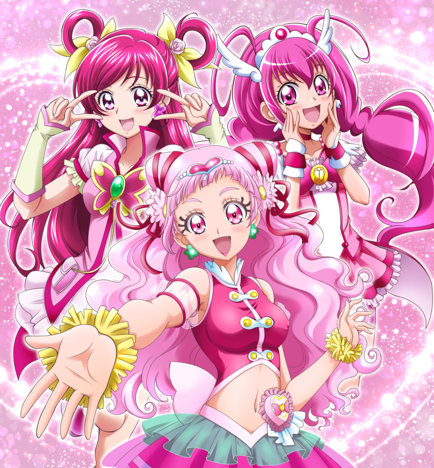 3girls :d arm_strap blush bow breasts collarbone covered_nipples cure_dream cure_happy cure_yell detached_sleeves double_v earrings eyebrows_visible_through_hair floating_hair frilled_skirt frills hair_between_eyes hair_bow hairband hanzou heart highres hoshizora_miyuki hugtto!_precure jewelry long_hair looking_at_viewer medium_breasts midriff miniskirt multiple_girls navel nono_hana open_mouth outstretched_arm pink_eyes pink_hair pink_skirt pleated_skirt precure redhead shiny shiny_hair short_sleeves skirt smile smile_precure! stomach tank_top twintails two_side_up v very_long_hair white_hairband wrist_cuffs yellow_bow yes!_precure_5 yes!_precure_5_gogo! yumehara_nozomi