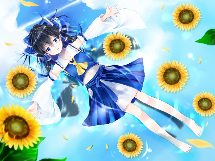 1girl alternate_color ascot barefoot black_hair blue_bow blue_eyes blue_hakama blue_shirt bow collarbone detached_sleeves flower from_above full_body hair_between_eyes hair_bow hair_tubes hakama hakurei_reimu japanese_clothes long_hair long_sleeves looking_at_viewer lying midriff nail_polish navel on_back outstretched_arms parted_lips red_nails reflecting_pool shirt skirt sleeveless sleeveless_shirt solo stomach sunflower toenail_polish touhou white_skirt white_sleeves yellow_neckwear yurara_(aroma42enola)
