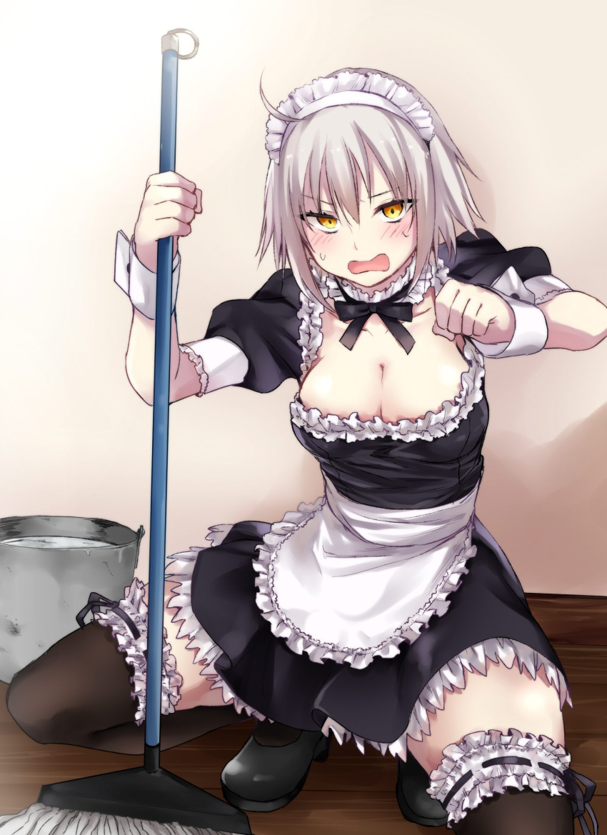 1girl ahoge alternate_costume apron bangs black_dress black_footwear black_legwear black_ribbon blush breasts bucket cleavage dress enmaided fate/grand_order fate_(series) frills hair_between_eyes highres iriehana jeanne_d'arc_(alter)_(fate) jeanne_d'arc_(fate)_(all) large_breasts looking_at_viewer maid maid_apron maid_headdress mop neck_ribbon open_mouth puffy_short_sleeves puffy_sleeves ribbon short_hair short_sleeves silver_hair solo squatting thigh-highs thighs waist_apron wrist_cuffs yellow_eyes