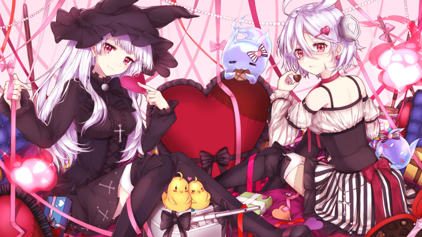 2girls animal azur_lane bangs bare_shoulders bird black_dress black_footwear black_hat black_legwear bolt boots bow box breasts brown_bow cannon chick chocolate chocolate_heart closed_mouth commentary_request detached_sleeves dress earrings erebus_(azur_lane) eyebrows_visible_through_hair fingernails food ghost gift gift_box hair_between_eyes hair_ornament hairclip hat heart heart_earrings heart_hair_ornament highres holding holding_food holding_heart jewelry long_hair long_sleeves looking_at_viewer looking_back medium_breasts mole multiple_girls parted_lips pink_bow pink_ribbon puffy_long_sleeves puffy_sleeves red_bow red_eyes red_ribbon resuta ribbon shirt skirt smile striped striped_bow terror_(azur_lane) thigh-highs thigh_boots turret valentine vertical-striped_skirt vertical_stripes very_long_hair white_hair white_legwear white_shirt white_sleeves