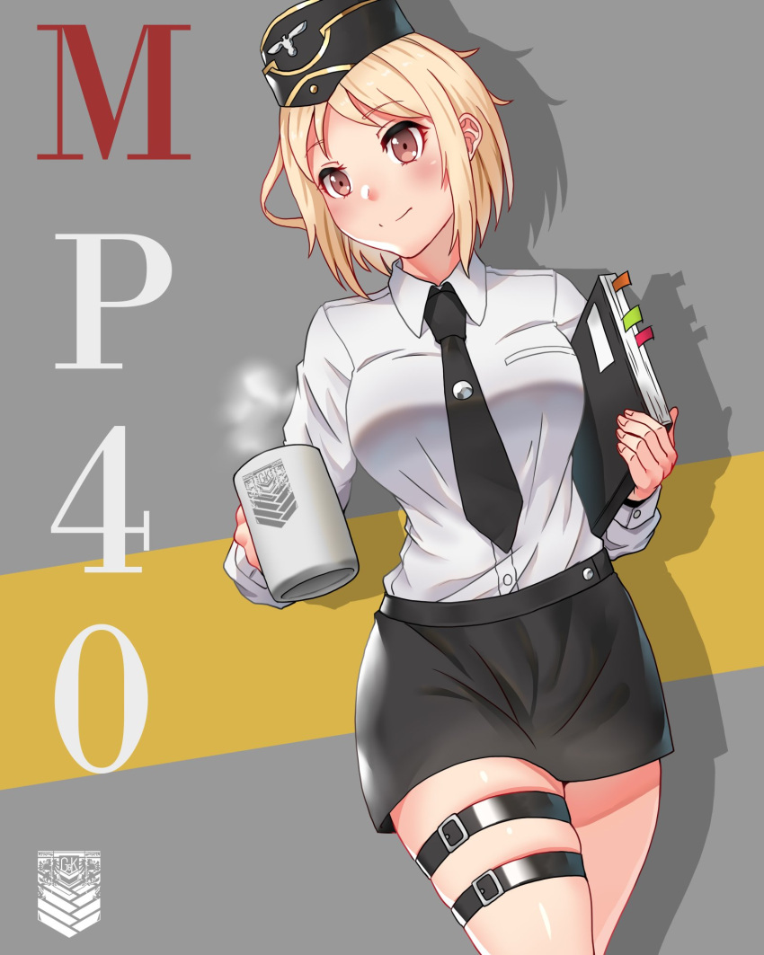 1girl artist_request blonde_hair coffee coffee_mug cup english file girls_frontline hat highres military_hat mp40_(girls_frontline) mug necktie paper shirt skirt solo thigh_strap white_shirt