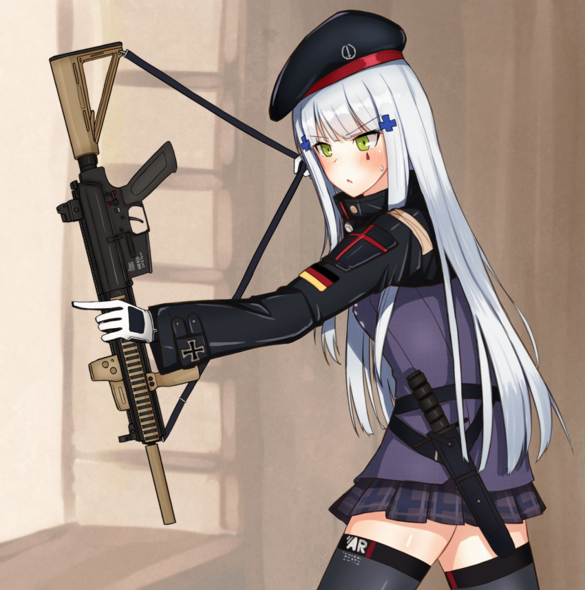 1girl assault_rifle bangs beret black_legwear blunt_bangs blush breasts combat_knife eyebrows_visible_through_hair facial_mark girls_frontline gloves green_eyes gun hair_ornament hat heckler_&amp;_koch highres hk416 hk416_(girls_frontline) holding holding_gun holding_weapon jacket knife knife_holster long_hair medium_breasts open_mouth plaid plaid_skirt rifle sidelocks silver_hair skirt solo sweatdrop teardrop thigh-highs very_long_hair weapon yuubokumin