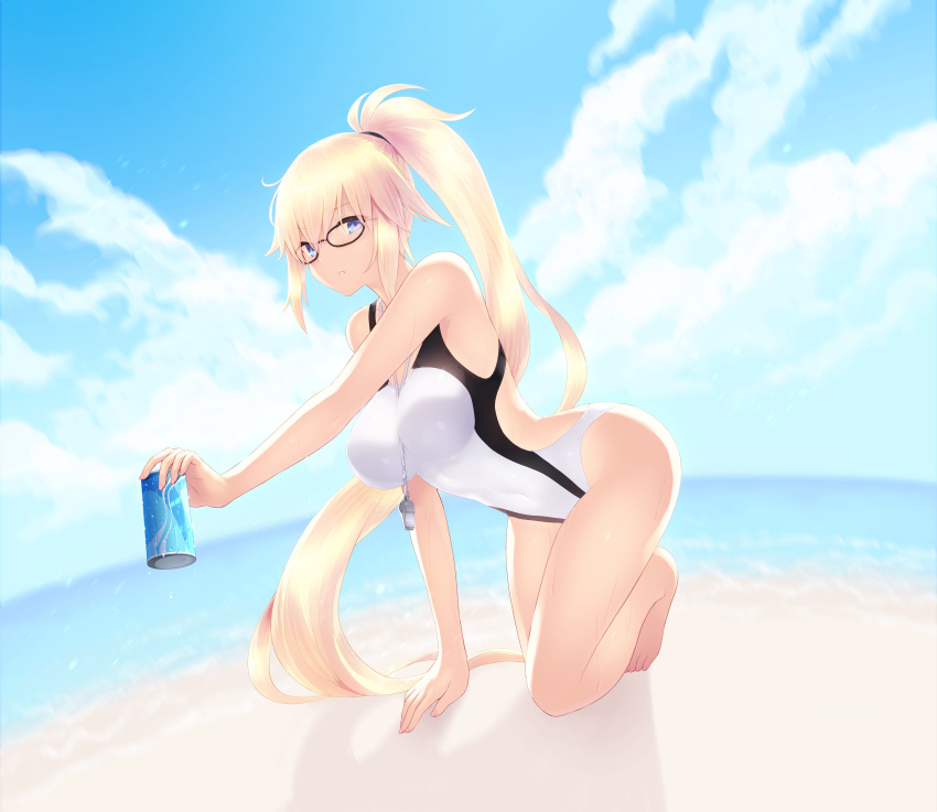 1girl absurdres bangs bare_shoulders beach between_breasts black-framed_eyewear blue_sky blurry blurry_background blush breasts cait can clouds cloudy_sky collarbone competition_swimsuit covered_navel day eyebrows_visible_through_hair fate/grand_order fate_(series) fingernails full_body glasses hair_between_eyes hair_ornament hair_tie highres hips holding holding_can jeanne_d'arc_(fate)_(all) jeanne_d'arc_(swimsuit_archer) large_breasts long_fingernails long_hair looking_at_viewer nail_polish ocean one-piece_swimsuit outdoors paid_reward parted_lips patreon_reward pink_nails ponytail sand sidelocks sky soda_can solo swimsuit teeth thighs very_long_hair waist water whistle whistle_around_neck white_swimsuit