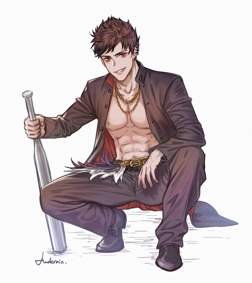 1boy abs artist_name bare_chest baseball_bat belial_(granblue_fantasy) belt black_footwear black_hair black_jacket black_pants cang_fade collarbone granblue_fantasy highres jacket jewelry male_focus muscle navel necklace pants red_eyes simple_background squatting white_background