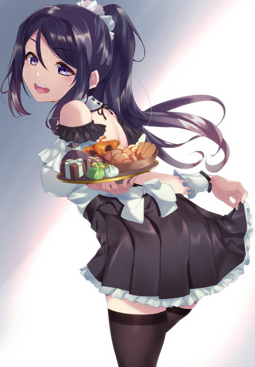 bare_shoulders black_legwear breasts cookie food frilled_skirt frills gift highres looking_back love_live! love_live!_sunshine!! maid matsuura_kanan open_mouth plate ponytail pumpkin skirt thigh-highs yamaori_(yamaorimon) zettai_ryouiki