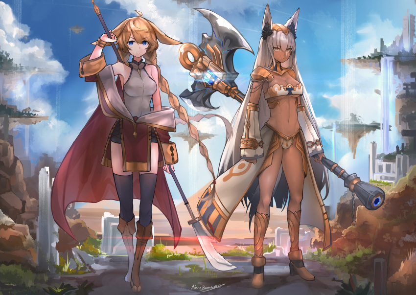 2girls absurdres animal_ears axe bangs blade blonde_hair blue_eyes boots bracelet breasts brown_eyes brown_footwear cape character_request commission copyright_request dark_skin facepaint fantasy floating_island full_body headgear high_heel_boots high_heels highres jewelry knee_boots large_breasts leg_armor long_hair looking_at_viewer medium_breasts multiple_girls navel neonbeat red_cape shoulder_armor signature standing stomach white_hair