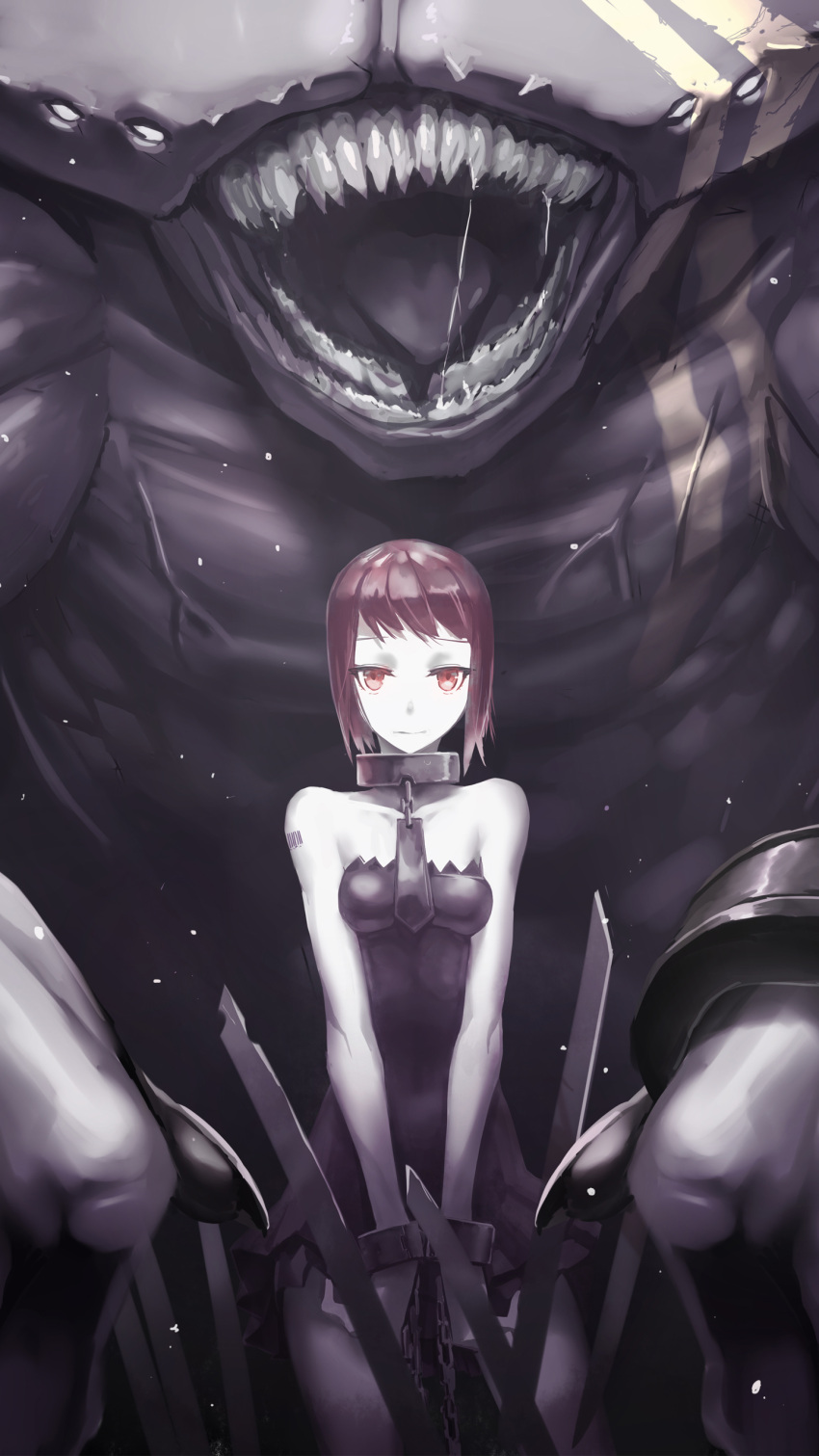 1girl absurdres barcode_tattoo chains collar cuffs dress highres limited_palette looking_at_viewer monster open_mouth original red_eyes redhead shackles shizuoxing_kof tattoo teeth white_skin worried