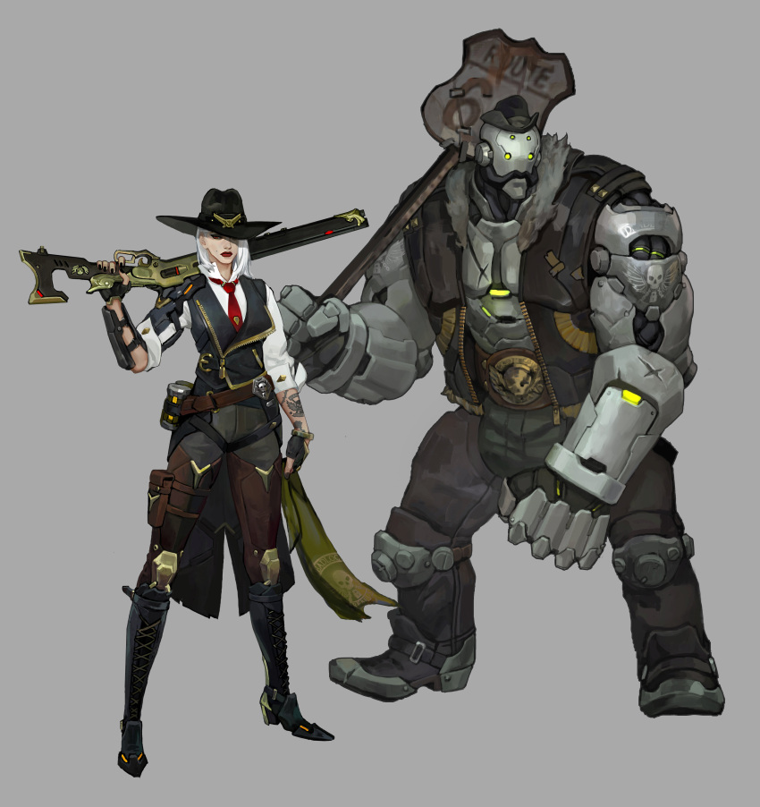 1girl absurdres artist_request ashe_(overwatch) belt_buckle black_nails bob_(overwatch) boots buckle cowboy_hat cross-laced_footwear expressionless fingerless_gloves full_body fur_trim gloves hat hat_over_one_eye highres lipstick looking_at_viewer makeup mole mole_above_mouth nail_polish official_art overwatch red_eyes red_lipstick road_sign robot sign standing tattoo top_hat unzipped white_hair