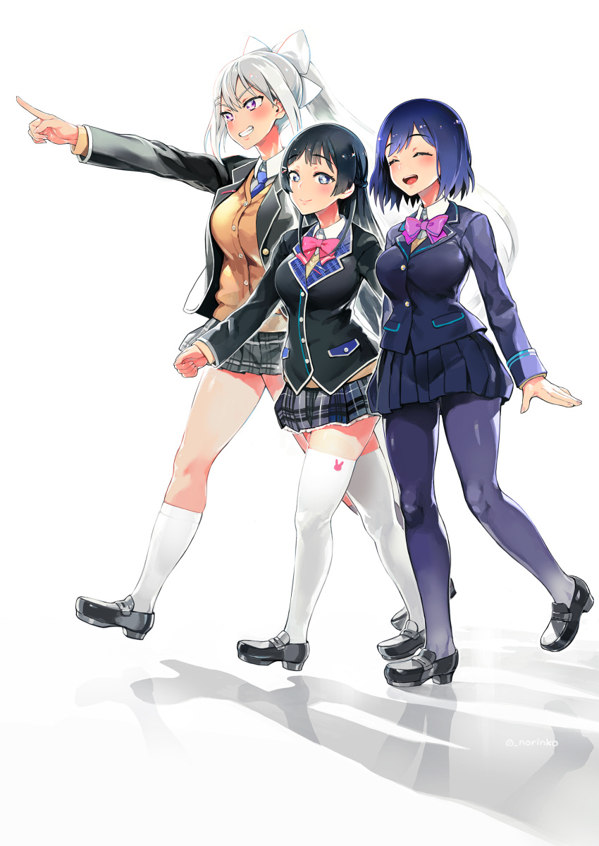 3girls ^_^ ^o^ absurdres black_hair blue_eyes blush breasts closed_eyes closed_eyes grin highres higuchi_kaede jacket kneehighs loafers long_hair multiple_girls necktie nijisanji norinco pantyhose pleated_skirt pointing purple_hair purple_legwear school_uniform shizuka_rin shoes short_hair silver_hair skirt smile teeth thigh-highs tsukino_mito violet_eyes virtual_youtuber white_legwear