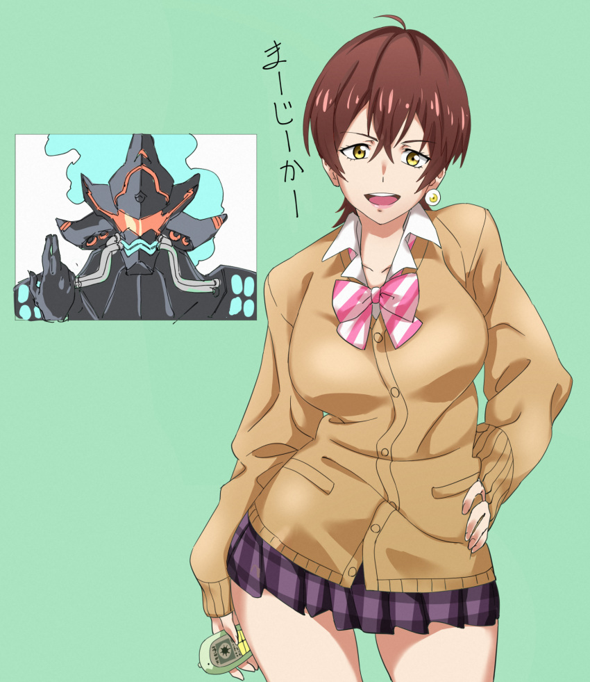 1girl alternate_costume bow breasts brown_hair brown_sweater cardigan contrapposto cowboy_shot diagonal_stripes highres large_breasts looking_at_viewer miniskirt open_mouth plaid plaid_skirt pleated_skirt pretty-purin720 purple_skirt short_hair skirt smile ssss.gridman striped striped_bow sweater takarada_rikka's_mother yellow_eyes